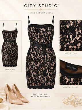 City Studio Black Nude Floral Lace Bow Bodycon Dress Size 3 NWT